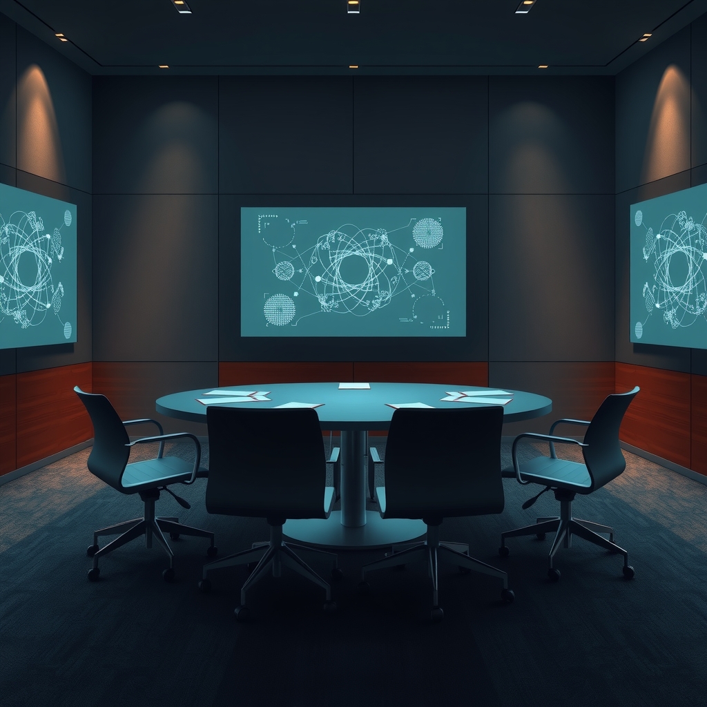 Empty conference table with AI safety documents and screens