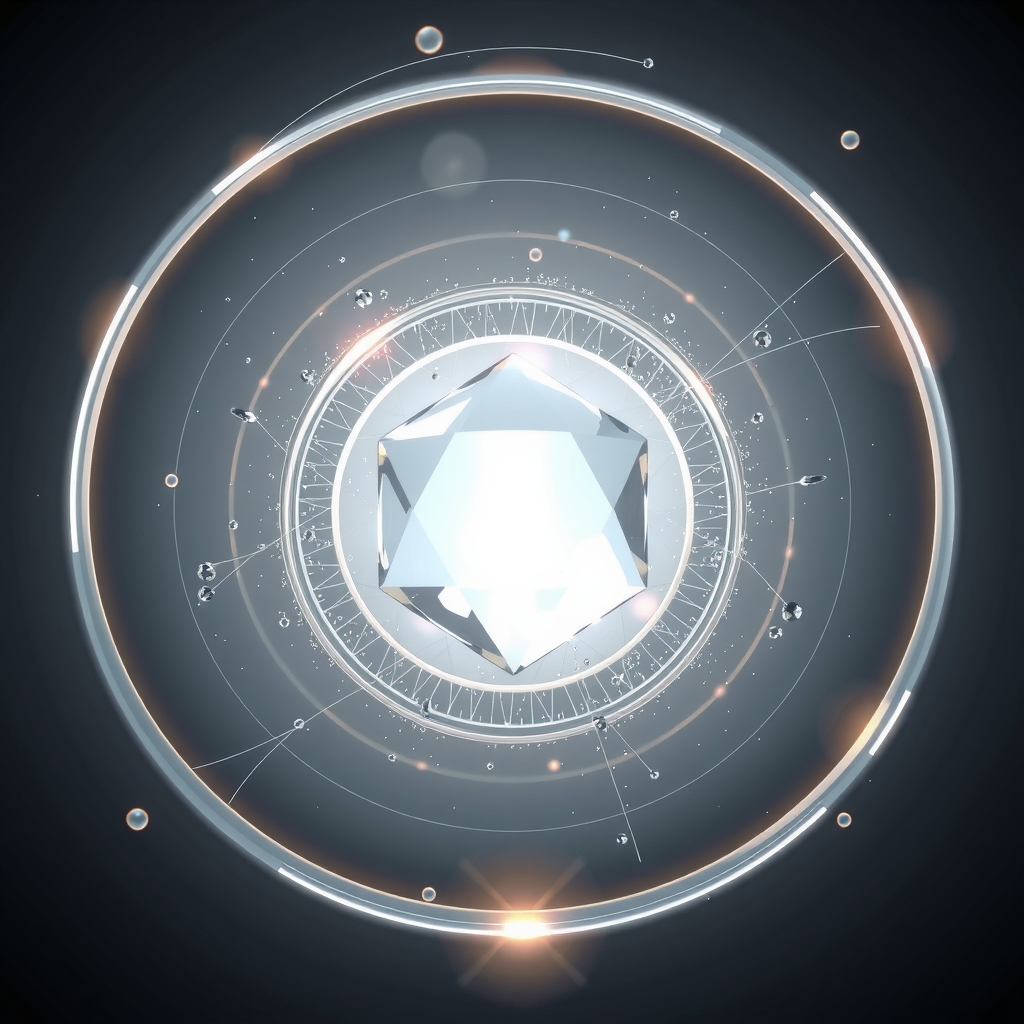 abstract prism with glowing rings and floating light particles